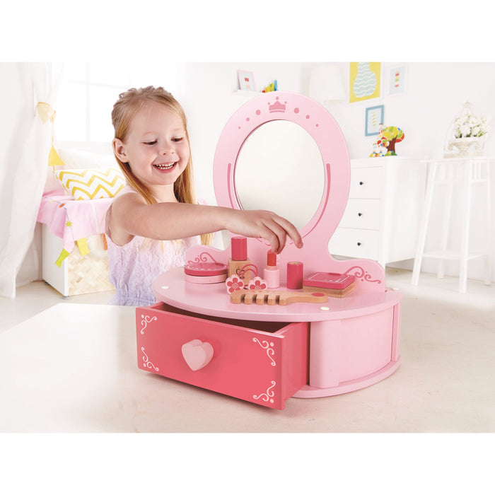 Hape Petite Pink Vanity Toy Wooden Beauty Counter with Mirror and Accessories