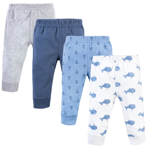 Hudson Baby Infant and Toddler Boy Cotton Pants 4-Pack, Blue Whales