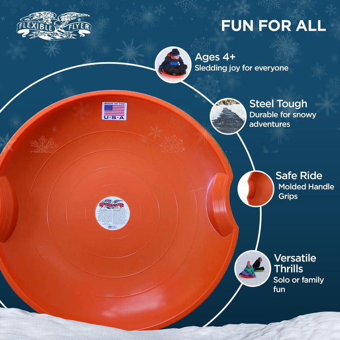 Flexible Flyer Flying Saucer 26" Plastic Snow Sled for Kids and Adults, Orange