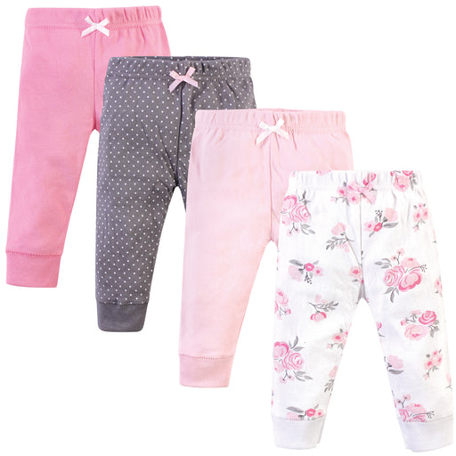 Hudson Baby Infant and Toddler Girl Cotton Pants 4 Pack, Basic Pink Floral