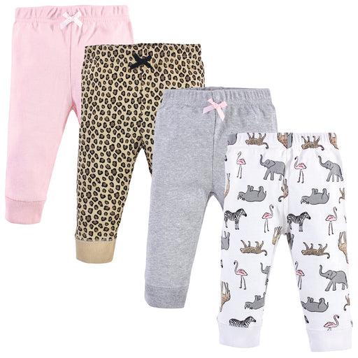 Hudson Baby Infant and Toddler Girl Cotton Pants 4 Pack, Modern Pink Safari