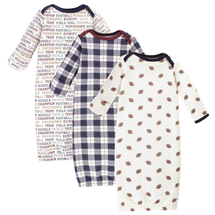 Hudson Baby Infant Boy Quilted Cotton Long-Sleeve Gowns 3-Pack, Football, 0-6 Months