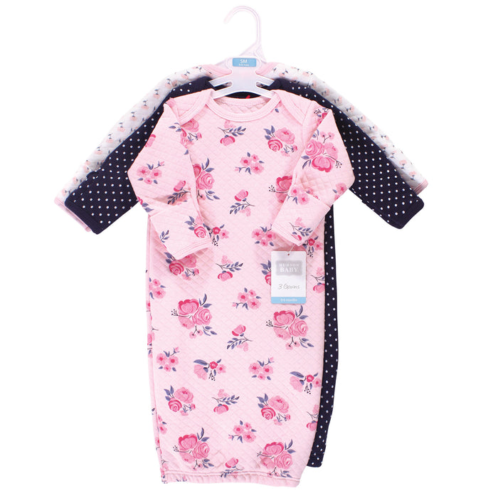 Hudson Baby Infant Girl Quilted Cotton Long-Sleeve Gowns 3-Pack, Pink Navy Floral