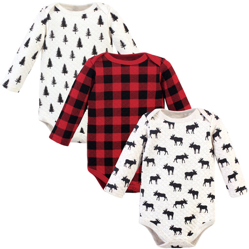 Hudson Baby Infant Boy Quilted Long-Sleeve Cotton Bodysuits 3-Pack, Moose