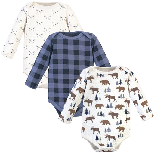 Hudson Baby Infant Boy Quilted Long-Sleeve Cotton Bodysuits 3-Pack, Moose Bear