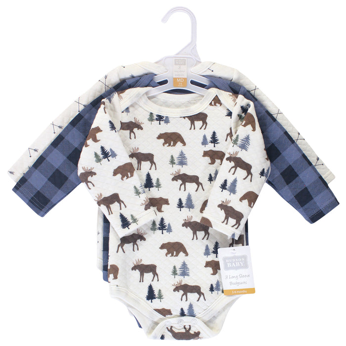 Hudson Baby Infant Boy Quilted Long-Sleeve Cotton Bodysuits 3-Pack, Moose Bear