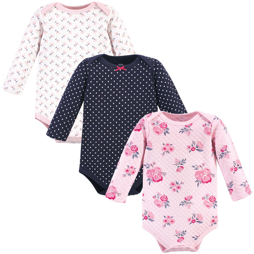 Hudson Baby Infant Girl Quilted Long-Sleeve Cotton Bodysuits 3-Pack, Pink Navy Floral