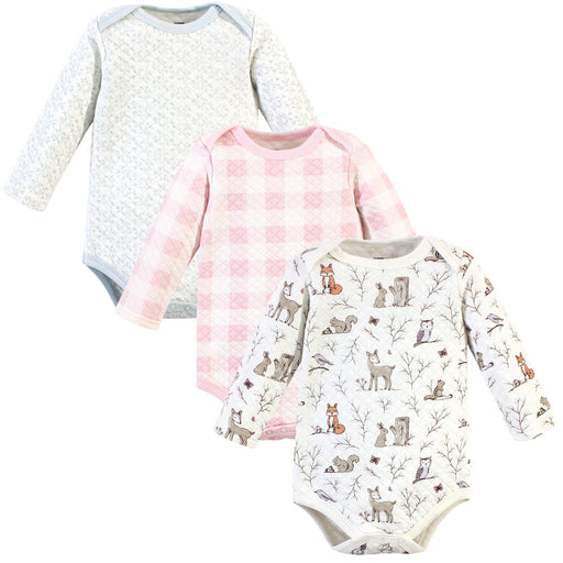 Hudson Baby Infant Girl Quilted Long-Sleeve Cotton Bodysuits 3-Pack, Enchanted Forest