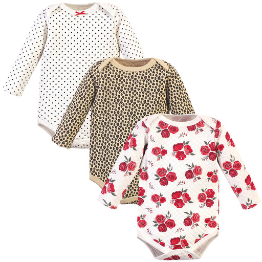 Hudson Baby Infant Girl Quilted Long-Sleeve Cotton Bodysuits 3-Pack, Rose Leopard