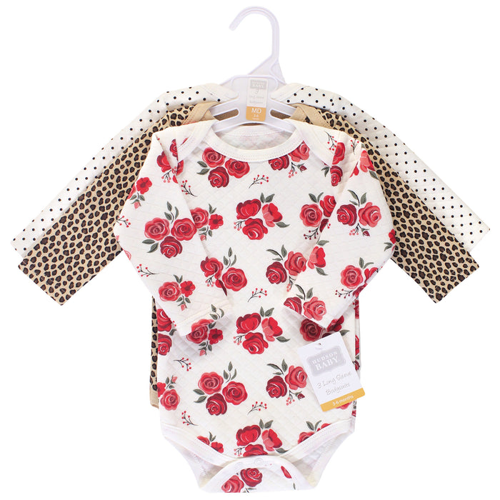 Hudson Baby Infant Girl Quilted Long-Sleeve Cotton Bodysuits 3-Pack, Rose Leopard