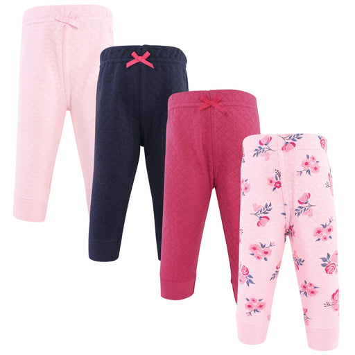 Hudson Baby Infant and Toddler Girl Quilted Jogger Pants 4 Pack, Pink Navy Floral