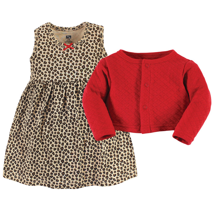 Hudson Baby Girls Quilted Cardigan and Dress, Leopard Red