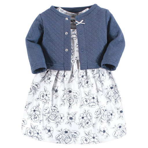 Hudson Baby Infant and Toddler Girl Quilted Cardigan and Dress, Blue Toile