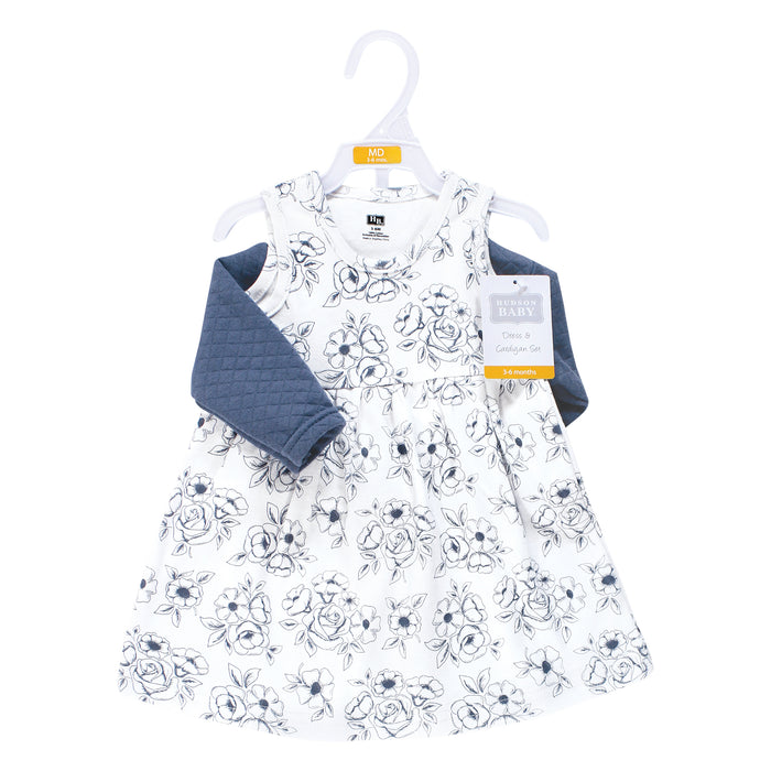 Hudson Baby Infant and Toddler Girl Quilted Cardigan and Dress, Blue Toile