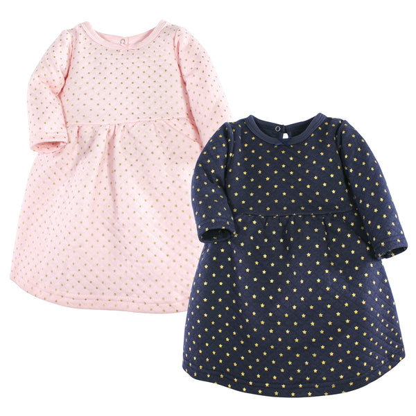 Hudson Baby Infant and Toddler Girl Cotton Dresses, Metallic Navy Pink