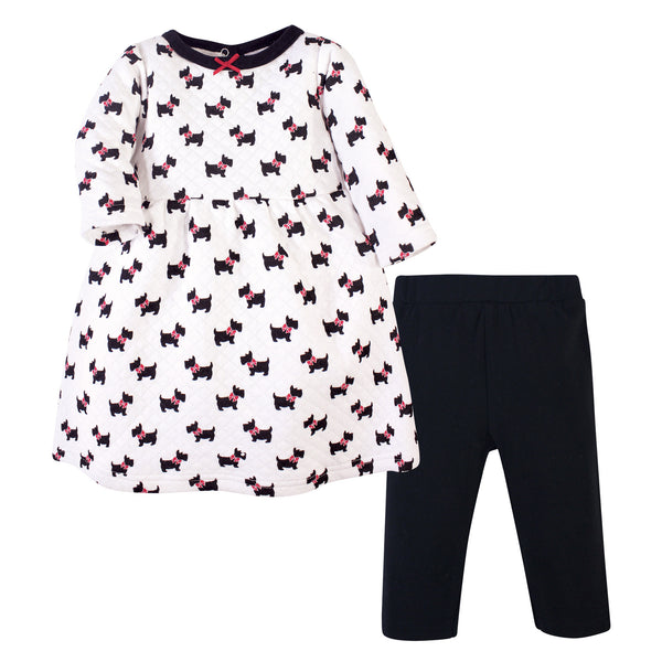 Hudson Baby Girsl Quilted Cotton Long-Sleeve Dress and Leggings Set, Scottie Dog