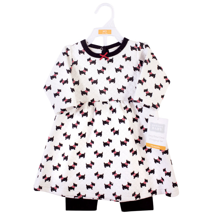Hudson Baby Girsl Quilted Cotton Long-Sleeve Dress and Leggings Set, Scottie Dog
