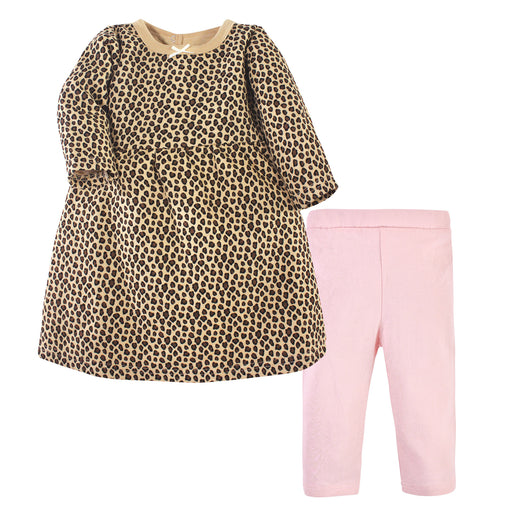 Hudson Baby Girls Quilted Cotton Long-Sleeve Dress and Leggings Set, Leopard Pink