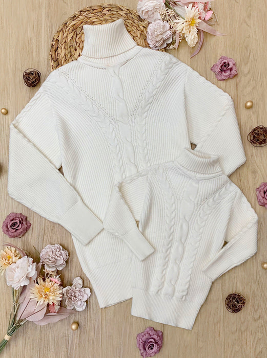 Mia Belle Girls Mommy and Me Cream Oversized Cable Knit Sweater