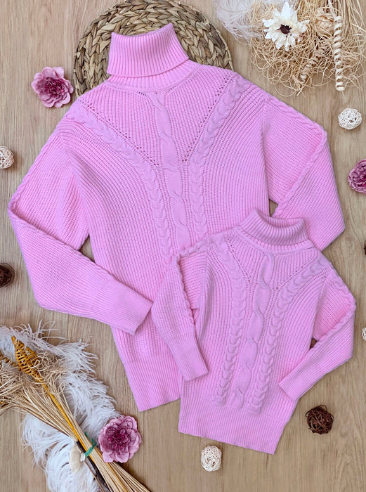 Mia Belle Girls Mommy and Me Pink Oversized Cable Knit Sweater