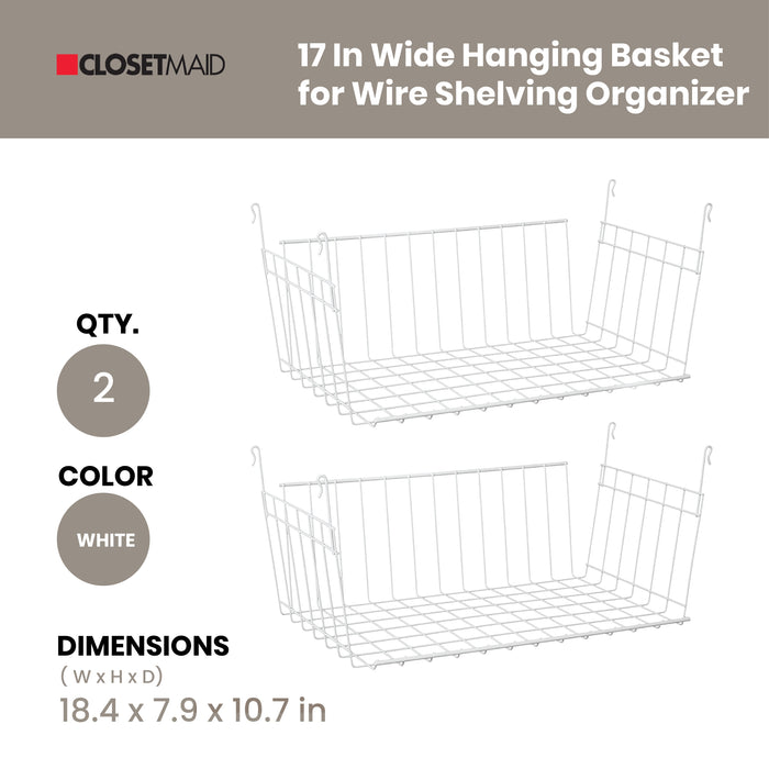 ClosetMaid 17 In Wide Hanging Basket for Wire Shelving Organizer, White (2 Pack)