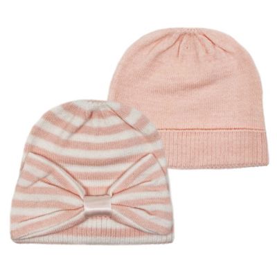 NYGB Preemie 2-Pack Striped Ribbon and Solid Knit Hats in Pink