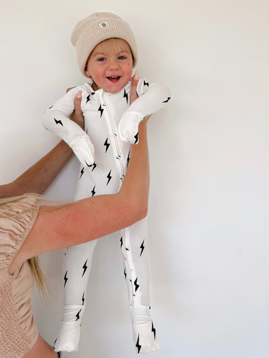 forever french baby Bamboo Zip Pajamas | White & Black Lightning Bolt