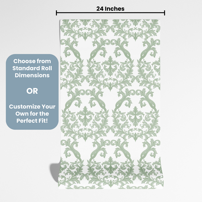 TeepeeJoy Floral Wallpaper Peel and Stick or Traditional - Green and White Damask