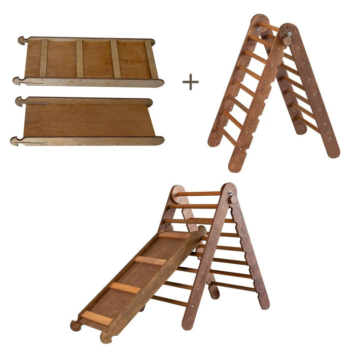 Goodevas 2in1 Montessori Climbing Frame Set: Triangle Ladder + Slide Board/Ramp – Chocolate