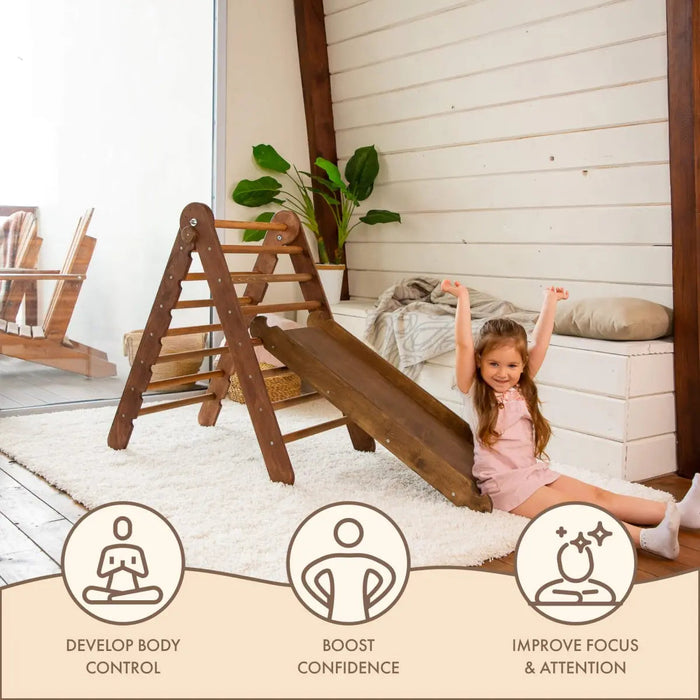 Goodevas 2in1 Montessori Climbing Frame Set: Triangle Ladder + Slide Board/Ramp – Chocolate