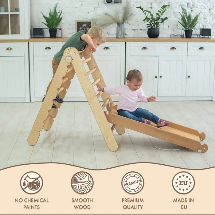 Goodevas 2in1 Montessori Climbing Set: Triangle Ladder + Slide Board/Ramp – Beige