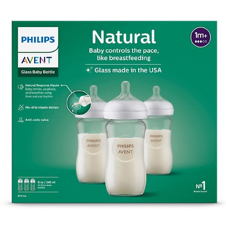 Philips Avent Glass Natural Baby Bottle With Natural Response Nipple 8oz. 3 pack