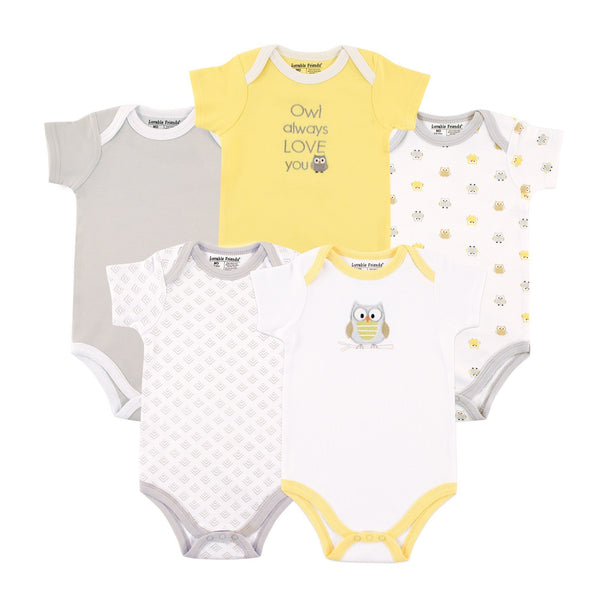 Luvable Friends Cotton Bodysuits 5 Pack, Neutral Owl