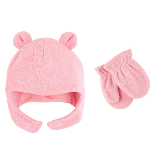 Luvable Friends Girls Beary Cozy Hat and Mitten Set 2 Piece, Light Pink
