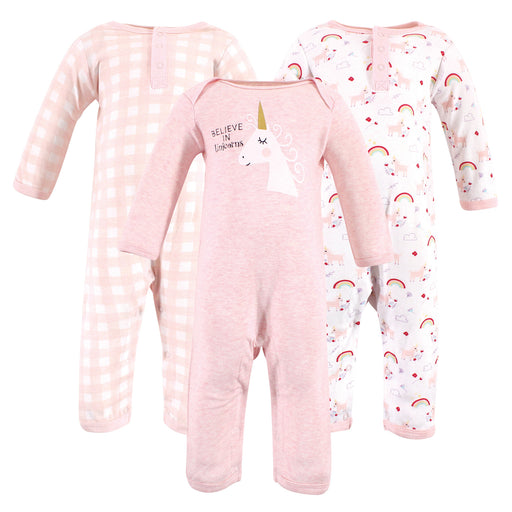 Luvable Friends Baby Girl Cotton Coveralls 3 Pack, Unicorn