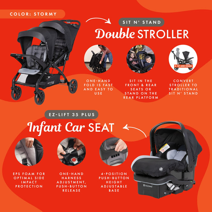 Baby Trend Sit N Stand Double Stroller with EZ-Lift Plus Infant Car Seat, Stormy