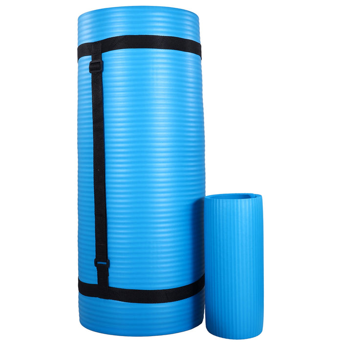 BalanceFrom Fitness 1" Extra Thick Yoga Mat w/Knee Pad and Carrying Strap, Blue