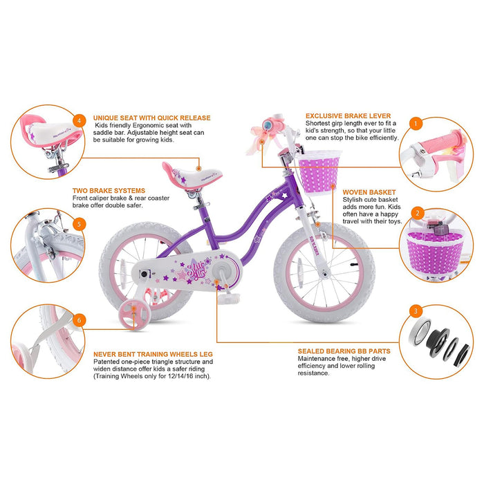 RoyalBaby Stargirl 12" Kids Bicycle with Basket, Bell & Training Wheels, Purple