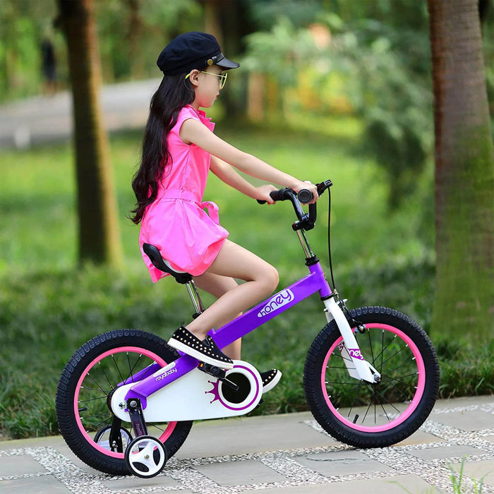 RoyalBaby Cubetube Honey 14 Inch Kids Bike w/Training Wheels & 2 Brakes, Purple