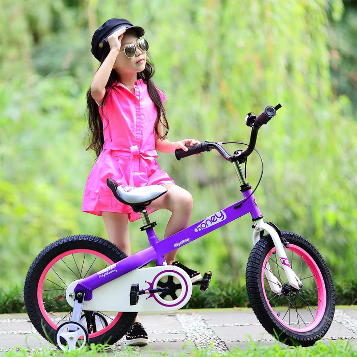 RoyalBaby Cubetube Honey 14 Inch Kids Bike w/Training Wheels & 2 Brakes, Purple