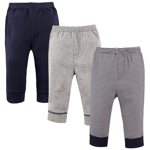 Luvable Friends Baby and Toddler Boy Cotton Pants 3-Pack, Stripe Navy Gray