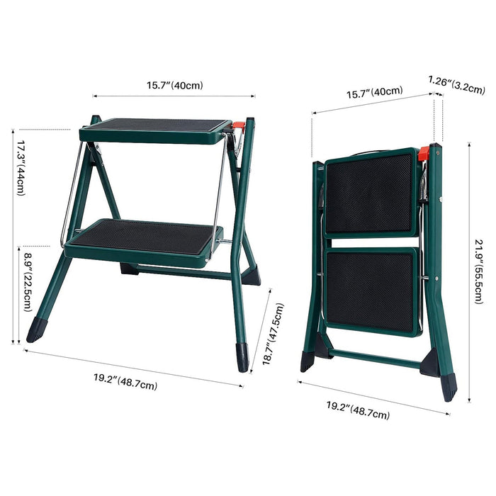 Delxo Foldable Steel 2 Step Stool Step Ladder with Non Slip Wide Pedal, Green