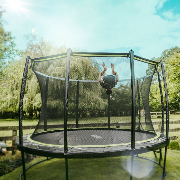 JumpFlex HERO 12' Trampoline for Kids Outdoor Play Equipment with Net and Ladder