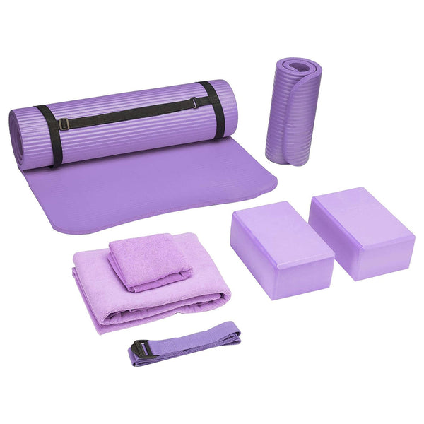 BalanceFrom Fitness 7 Piece Yoga Set with Mat, Stretch Strap & Knee Pad, Purple