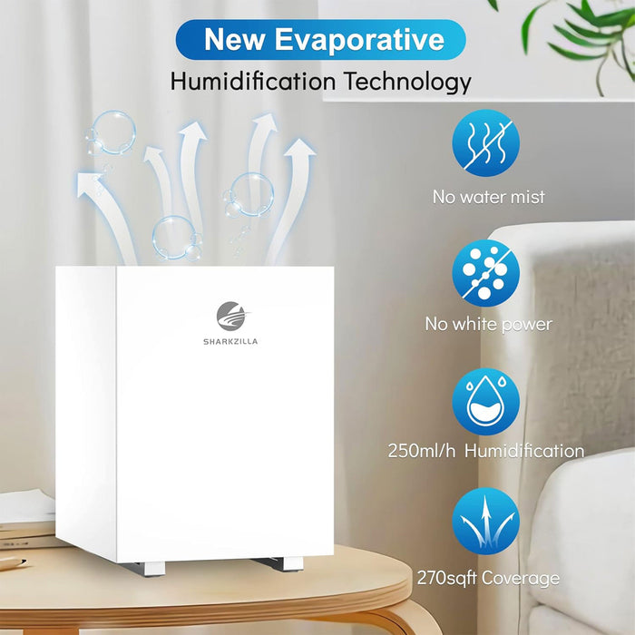 SHARKZILLA 1.3 Gallon Plastic Evaporative No Mist Humidifier with Timer, White