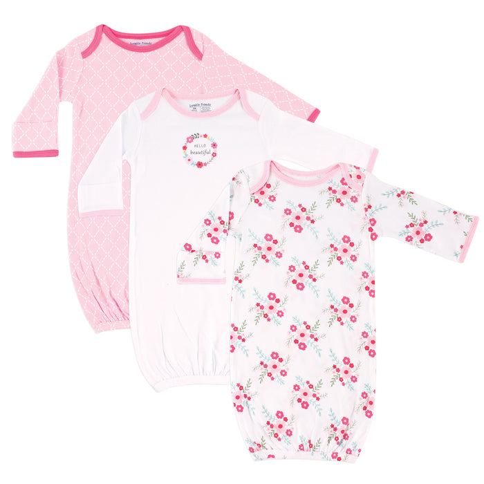 Luvable Friends Baby Girl Cotton Gowns, Pink Floral 0-6 Months