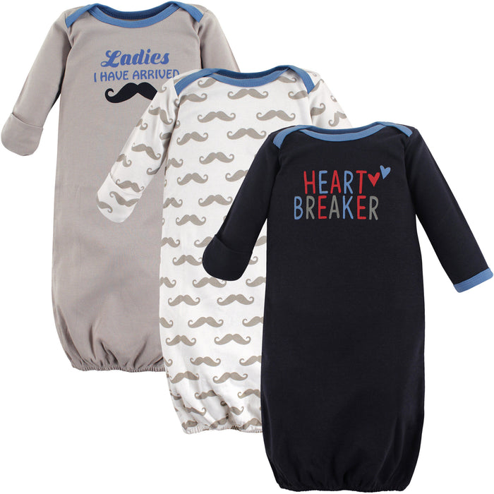 Luvable Friends Baby Boy Cotton Long-Sleeve Gowns 3-Pack, Heartbreaker, 0-6 Months