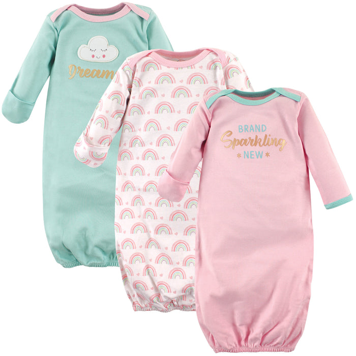 Luvable Friends Baby Girl Cotton Long-Sleeve Gowns 3 Pack, Dreamer 0-6 Months