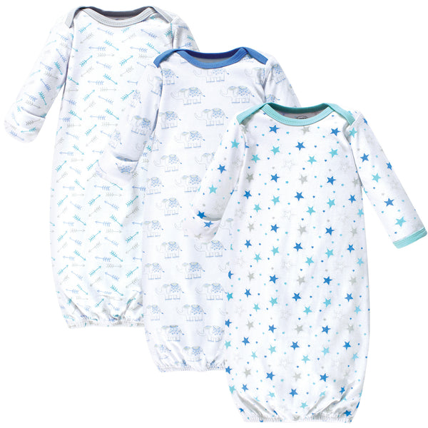 Luvable Friends Baby Boy Cotton Long-Sleeve Gowns 3-Pack, Boy Elephant Stars, 0-6 Months