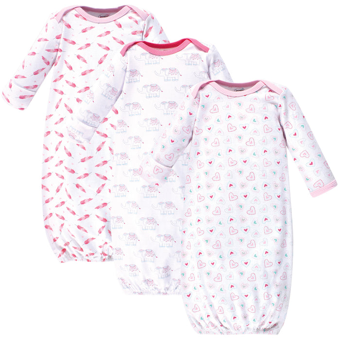 Luvable Friends Girl Cotton Long-Sleeve Gowns 3 Pack, Girl Elephant Hearts 0-6 Months